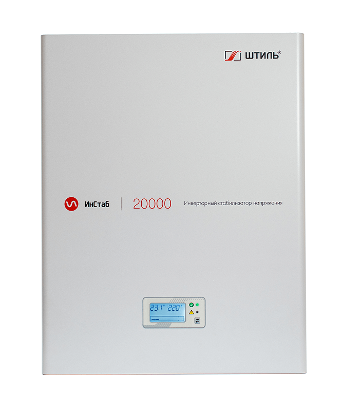 Стабилизатор переменного напряжения инверторный (с двойным преобразованием) однофазный, чистая синусоида; P-нагр.20 кВА/18кВт, U-вх.90…310В, U-вых.220…230 (с шагом 1В), I-вых.92 А; IP20, t-раб.+5…+40°C, 379х481х191 мм