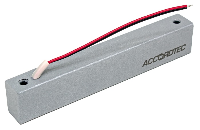 Электромагнитный влагозащищенный замок IP67, 12V DC, 0,4 A, усилие 100 кг, 180x33x23 мм. Масса 600 г, уголок в комплекте. -40°С…+40°С, Цвет серебряный металлик.