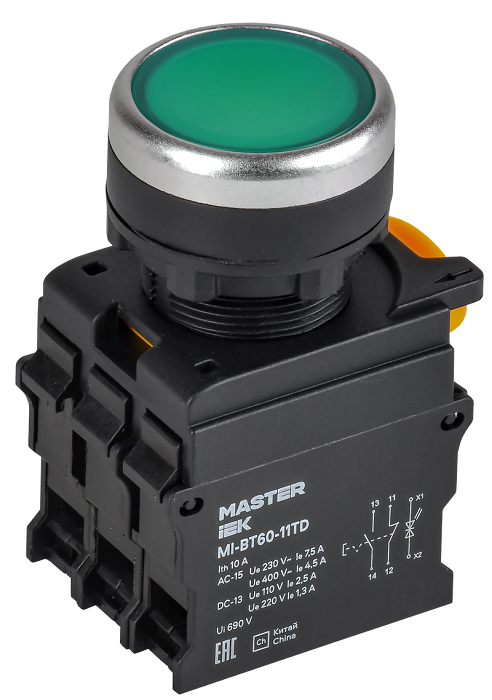 Кнопка с подсвет. и фикс. d=22мм 1NO+1NC зелёная MASTER IEK