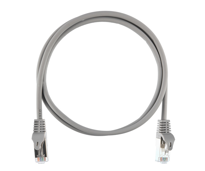 Коммутационный шнур Essential Line F/UTP 4 пары, Кат.5е (Класс D), 100МГц, 2хRJ45/8P8C, T568B, заливной, с защитой защелки, многожильный, BC (чистая медь), 26AWG (7x0,150мм), LSZH нг(А)-HFLTx, серый, 0,3м
