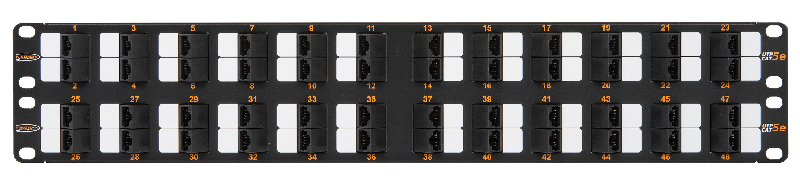 Коммутационная панель 19", 2U, 48 угловых портов, Кат.5e (Класс D), 100МГц, RJ45/8P8C, 110/KRONE, T568A/B, неэкранированная, с органайзером, черная