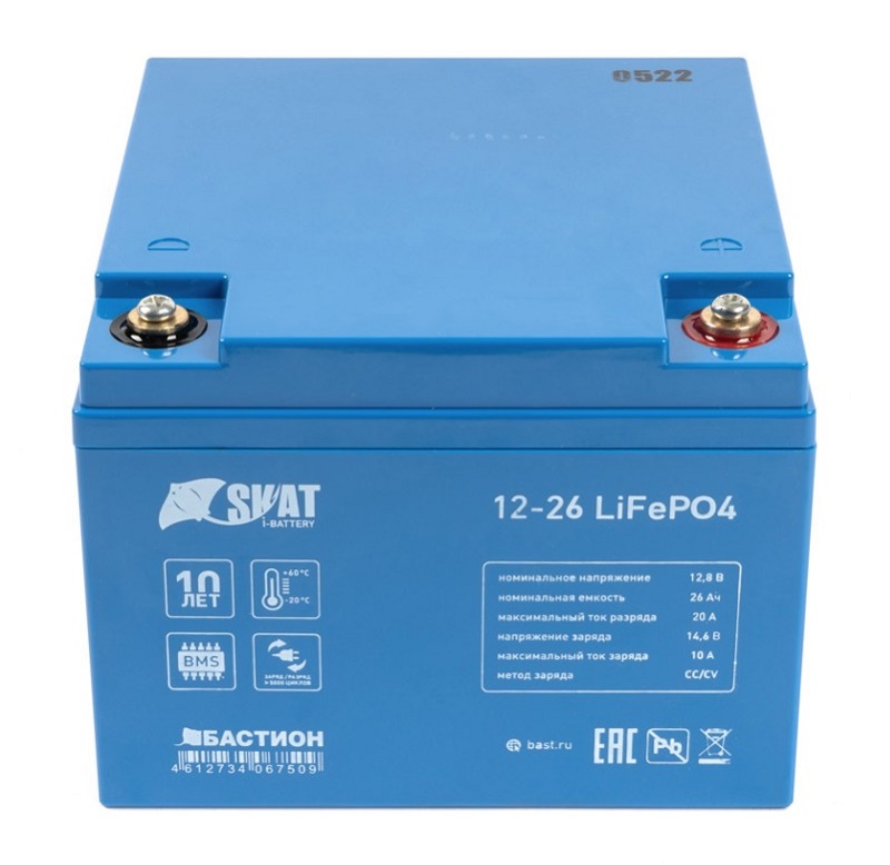 Аккумуляторная батарея 12 В, 26 Ач Li-Ion АКБ, на базе LiFePO4 элементов IFR 32650, структура 4S4P. Встроенная система контроля BMS, защита от глубокого разряда и перезаряда. 165*175*126. Вес 3,2 кг.