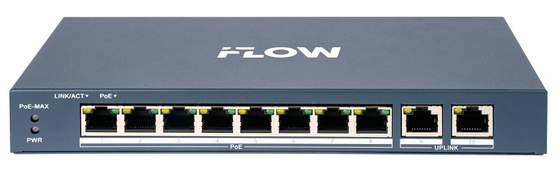 Коммутатор L2, Смарт-управляемый, 8 портов 10/100M RJ45 PoE, 2 uplink порта 1000М RJ45, 802.3af/at, бюджет PoE 60 Вт, облачное управление, VLAN, STP/RSTP loop prefention, PoE watchdog, поддержка режима передачи до 300м,10Мб/с, CAT6; защита от перенапряжения 6 кВ; настольный/настенный монтаж