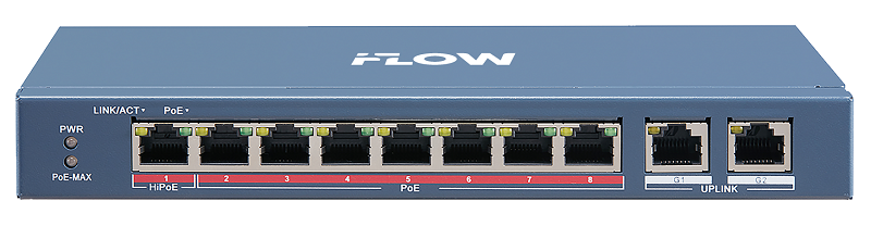 Коммутатор, L2, неуправляемый, 8 портов 10/100M RJ45 PoE, 2 uplink порта 1000М RJ45, 802.3af/at/bt, 1 порт поддерживает Hi-PoE 90 Вт, бюджет мощности PoE 110 Вт, поддержка режима передачи до 300м,10Мб/с, CAT6; защита от перенапряжения 6 кВ