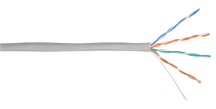 Кабель U/UTP 4 пары, Кат.5e (Класс D), тест по ISO/IEC, 100МГц, одножильный, BC (чистая медь), 24AWG (0,50мм), внутренний, PVC нг(А), серый, 305м