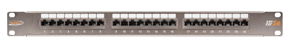 Коммутационная панель 19", 1U, 24 порта, Кат.5e (Класс D), 100МГц, RJ45/8P8C, 110/KRONE, T568A/B, полный экран, с органайзером, металлик