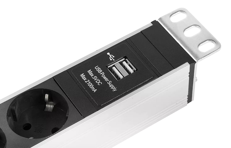 Блок розеток Rem-16 с выкл и USB-портом, 6 Schuko, 16A, алюм., 19", шнур 1,8 м.