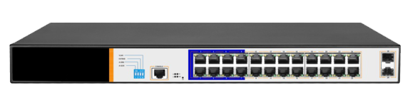 Коммутатор, WEB Smart управляемый, 24 PoE (802.3af/at) портов 10/100/1000Мбит/с 8 до 250 метров cat.6, 2*SFP 1000Мбит/с, 400Вт APO&R