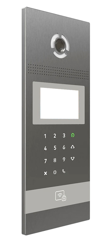 Вызывная IP видеопанель многоабонентская, камера: 2.0 Мп (110°), 4" TFT экран, считывание: EM-Marin, Mifare, Bluetooth (UKEY), NFC, распознаванию лиц - 10000, сенсорные кнопки, алюминий, IP 65, -40 до +65 °C, врезная, SIP протокол, питание 12В, PoE+, Серебро. 