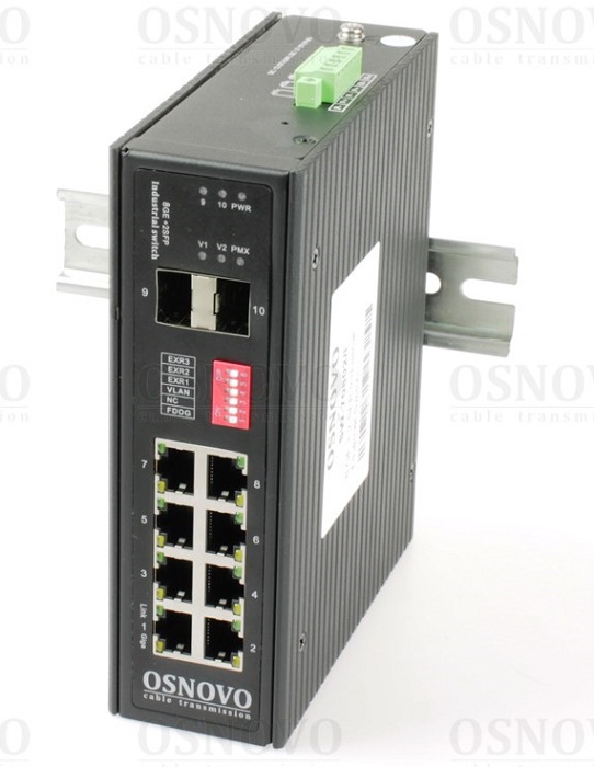 Промышленный коммутатор Gigabit Ethernet на 10 портов. Порты: 8 x GE (10/100/1000Base-T) + 2 x GE SFP (1000Base-X). Поддержка режима CCTV: Увеличение расстояния передачи данных и питания до 250м. Вход для резервного питания. Встроенная грозозащита. Питание DC12-57V(макс. 10W). БП в комплект НЕ входит. 45x160x130мм. Монтаж на DIN-рейку.  -40…+80°С