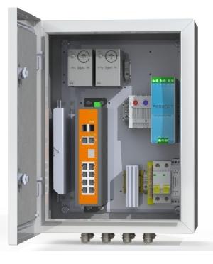 Коммутационный термошкаф: промышленный управляемый коммутатор 8хRJ45 10/100/1000 Мб/с PoE 802.3 af/at watchdog, 2 порта IEEE 802.3af/at/bt, 2 порта IEEE 802.3af/at+Passive PoE 24В, 4хSFP 1000 Мб/с, бюджет PoE 230 Вт, поддержка передачи PoE до 250м,блок питания 240Вт/48-58 В, обогреватель 50Вт, сдвоенный термостат, оптический кросс 4 порта SC, гермовводы 4хPG9, 4хPG13.5, автомат 6А, цвет серый, 230 В AC, 290Вт, IP66, -60°С... +50°С, 300х400х210 мм.