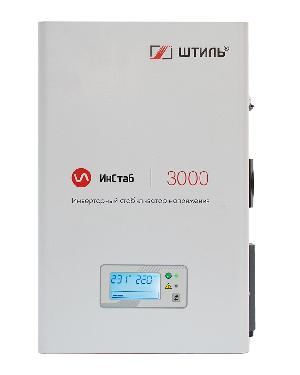 Стабилизатор переменного напряжения инверторный (с двойным преобразованием) однофазный, чистая синусоида; P-нагр.3 кВА/2,5 кВт, U-вх.165…310 В, U-вых.220…230 В (с шагом 1 В), I-вых.14 A; IP20, t-раб. +5…+40°C, 205х370х103 мм