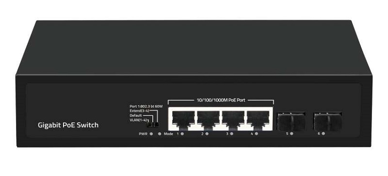 Коммутатор, неуправляемый, 4 PoE порта 100/1000Мбит/с (1 порт до 60Вт, 3-4 порт до 250м cat6), 2 SFP порта 1000Мбит/с, 120Вт