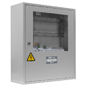 Шкаф для установки приборов системы "Орион" на DIN рейки. Содержит источник питания 24В - 3 А. Два изолированных интерфейса RS-485. Место для установки  двух батарей 12В-40Ач. Прозрачное окно на двери. Защита оболочки IP41