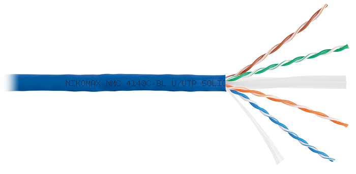 Кабель U/UTP 4 пары, Кат.6 (Класс E), тест по ISO/IEC, 250МГц, одножильный, BC (чистая медь), 23AWG (0,55мм), полимерный материал нг(А)-HF, внутренний, синий, 305м