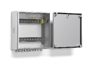 Коробка монтажная из листовой стали 1,2мм (грунтовка, порошковое покрытие) с 35 мм DIN-рейкой. -60°÷ +70°С. IP66. 300х200х123мм