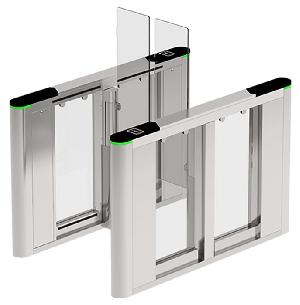 Турникет с  распашными створками (левый и правый элементы). Режим антипаника. Материал корпуса - нержавеющая ста. ль SUS304, материал крышки  - закаленное стекло, материал створок - закаленное стекло.  Светодиодный индикатор прохода. Ширина прохода - до 900мм. Установка внутренняя / наружняя (под навесом). Рабочая температура -28?~60?. Питание AC110V/220v. Длина прохода - 1600 мм, высота створок - 1200 мм. Вес  кг 130. Наработка на отказ 2  млн. проходов.