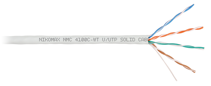Кабель U/UTP 4 пары, Кат.5e (Класс D), тест по ISO/IEC, 100МГц, одножильный, BC (чистая медь), 24AWG (0,51мм), полимерный материал нг(А)-HF, внутренний, белый, 305м
