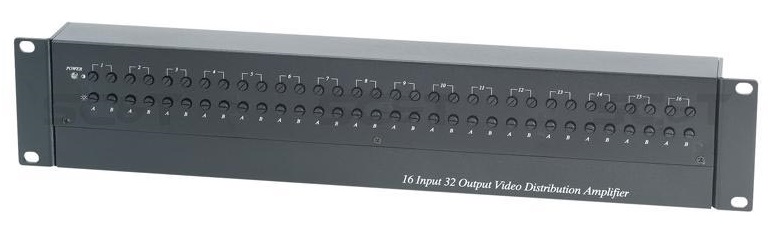 Распределитель с усилением видеосигнала для крепления в монтажной стойке 1U, 16 входов, 32 выхода, расстояние передачи 1000м при использовании кабеля RG-59