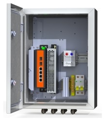 Коммутационный термошкаф, промышленный неуправляемый коммутатор 4хRJ45 10/100/1000 Мб/с PoE 802.3 af/at watchdog, 2хSFP 1000 Мб/с бюджет PoE 140 Вт, блок питания 150Вт/48-58 В, обогреватель 50Вт, сдвоенный термостат, оптический кросс 4 порта SC, гермовводы 4хPG9, 4хPG13.5, автомат 6А, цвет серый, 230 В AC, 200Вт, IP66, -60°С... +50°С, 300х400х210 мм.