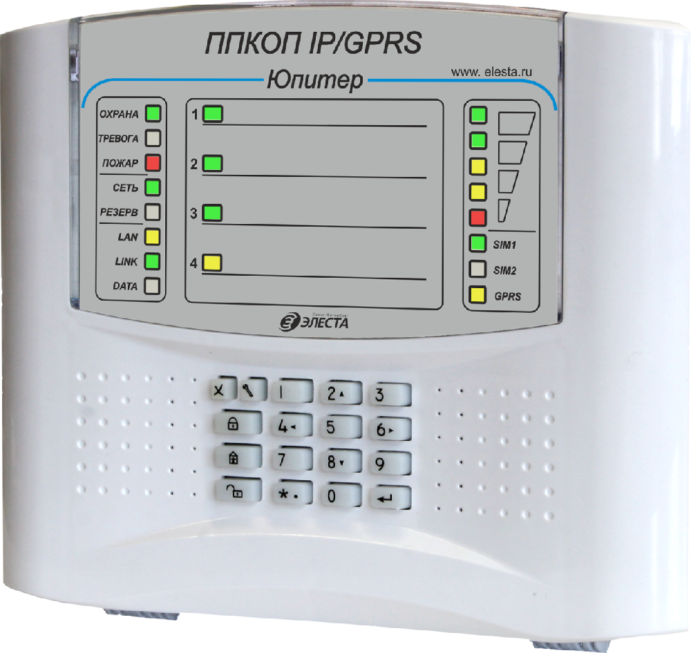 4 IP/GPRS пластик/клав ППКОП, 4 шлейфа сигнализации, встроенная клавиатура, 2 SIM карты, 1 Ethernet, USB, вход ТМ, 4 выхода ПЦН, 2 выхода питания извещателей 12 В 100 мА каждый, 1 выход сирены 12 В 100 мА