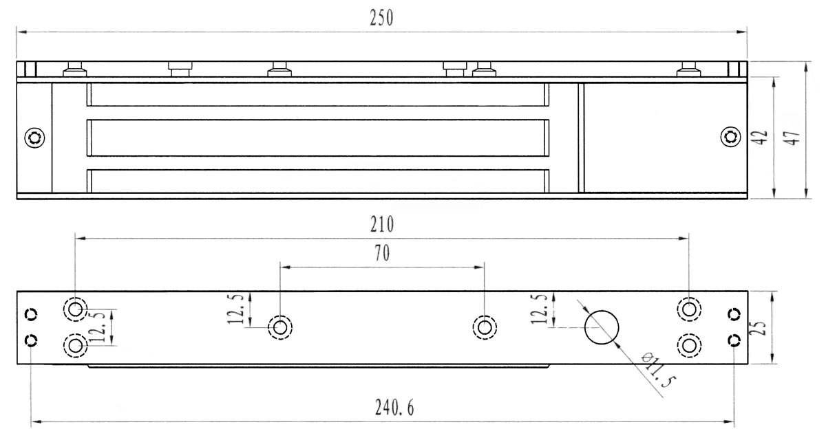 Электромагнитный замок, мониторинг, СИД, внутреннее исполнение, 12 VDC / 500мА или 24VDC / 250мА, усилие 270 кг