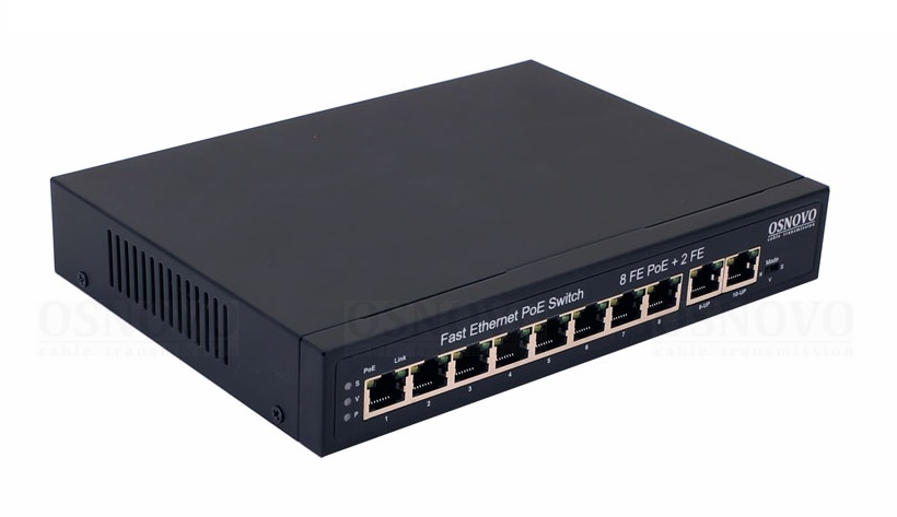 PoE коммутатор Fast Ethernet на 10 RJ45 портов. Порты: 8 x FE (10/100 Base-T) с поддержкой PoE (IEEE 802.3af/at), 2 x FE (10/100 Base-T). PoE IEEE 802.3af/at. Автоматическое определение и режим антизависания PoE устройств. Мощность PoE на порт - до 30W. Суммарная мощность PoE - до 120W. Встроенная грозозащита 6кВ. AC100-240V (123W). 210x35x150мм. -10...+55 гр. С.