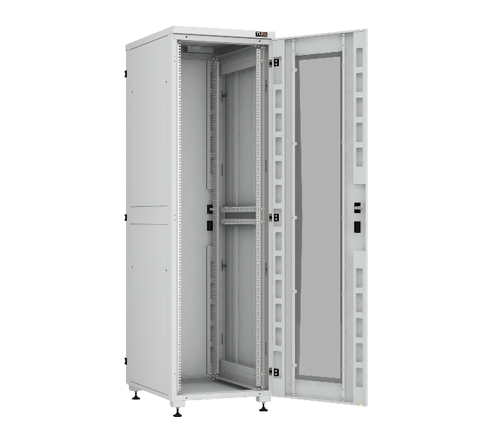 Напольный шкаф серии 19", 42U, стеклянная дверь, цельнометаллические двухуровневые стенки и задняя дверь, Ш600хВ2042хГ800мм, в разобранном виде, черный RAL9005