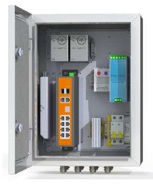 Коммутационный термошкаф: промышленный управляемый коммутатор 8хRJ45 10/100/1000 Мб/с PoE 802.3 af/at watchdog, 2 порта IEEE 802.3af/at/bt, 2 порта IEEE 802.3af/at+Passive PoE 24В, 4хSFP 1000 Мб/с, бюджет PoE 230 Вт, поддержка передачи PoE до 250м,блок питания 240Вт/48-58 В, обогреватель 50Вт, сдвоенный термостат, оптический кросс 4 порта SC, гермовводы 4хPG9, 4хPG13.5, автомат 6А, цвет серый, 230 В AC, 300Вт, устройство грозозащиты линии 220В и линий PoE, IP66, -60°С... +50°С, 300х400х210 мм.