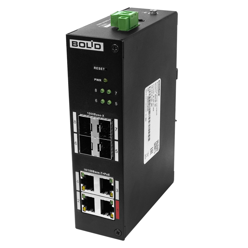 Управляемый сетевой коммутатор ; 4 порта SFP 1000 Мбит/с, 4 порта RJ-45 10/100 Мбит/с (PoE); Стандарты PoE: PoE(802.3af), PoE+(802.3at), Hi-PoE (1 порт), Бюджет PoE 96 Вт; -30°C~ +65°C 