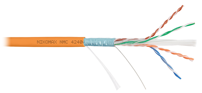 Кабель F/UTP 4 пары, Кат.6 (Класс E), тест по ISO/IEC, 250МГц, одножильный, BC (чистая медь), 23AWG (0,55мм), полимерный материал нг(А)-HF, внутренний, оранжевый, 305м