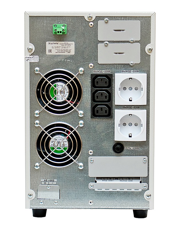 Источник бесперебойного питания напольный, on-line (с двойным преобразованием), чистая синусоида, 3000 ВA (2700 Вт); U-вх.220 В; под внешние аккумуляторы, U-акб.96 В, I-заряд.4 А; ЖК-дисплей; IEC-320-C13 (3 шт.), входной разъём - клеммное подключение (L, N, PE); выходные разъёмы - IEC-320-C13 (3 шт.), EURO F-type с заземлением (2 шт.), клеммы; холодный старт, совместим с генератором; IP20, t-раб.+5...+40°C, 346х210х443 мм