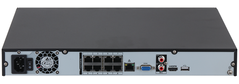 8-канальный IP-видеорегистратор с PoE, 4K и H.265+, Входящий поток до 160Мбит/с; разрешение записи до 12Мп; накопители: 2 SATA III до 20Тбайт; cеть: 1 RJ45 1000Мбит/с, 8 RJ45 100Мбит/с (PoE/PoE+, до 130Вт); тревожные вх/вых: 4/2; aудиовх/вых: 1/1; видеоаналитика: 4кн SMD Plus; видеоаналитика с камер: SMD, охрана периметра, детектор лиц и распознавание лиц