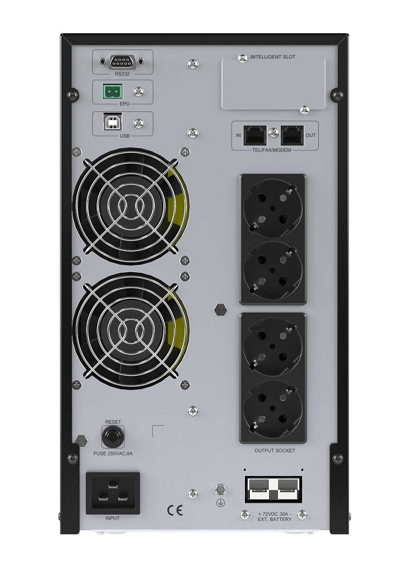 Онлайн ИБП ДКС серии Small Tower, 2000 ВА/1800 Вт, 1/1, 4xSchuko, EPO, USB, RS-232, RJ45, без АКБ, 7 Ач