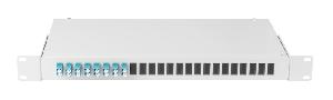 Оптический кросс 19" Essential Line, 1U, укомплектованный на 16 портов LC/UPC (8 двойных LC/UPC адаптеров), SM 9/125 OS2, стальной, серый, в комплекте: адаптеры, монтажные шнуры 1м, сплайс-кассета с крышкой, гильзы, заглушки