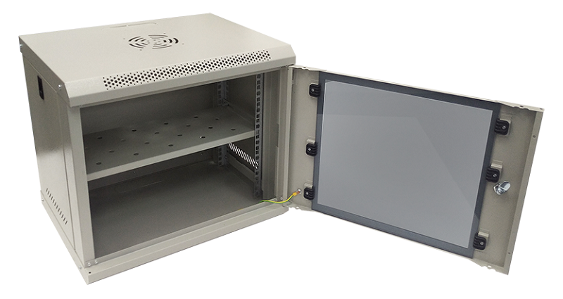 Настенный шкаф 19, 9U, Тип двери: Стеклянная с ударопрочным тонированным стеклом, Высота: 450 мм, Глубина: 400 мм, Ширина: 530 мм, Статическая нагрузка: 90 (стена), 300 (опоры) кг, Цвет: Серый, IP20, Климатическое исполнение: УЗ, 1 полка в комплекте