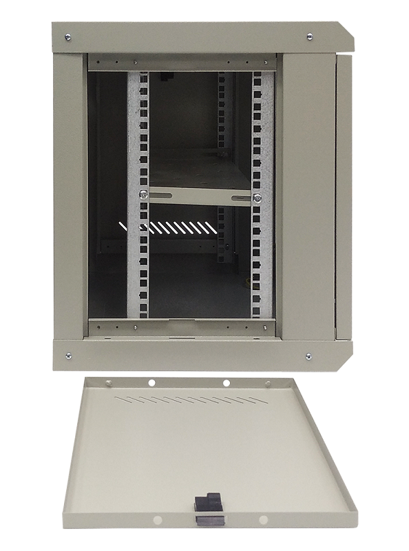 Настенный шкаф 19, 9U, Тип двери: Стеклянная с ударопрочным тонированным стеклом, Высота: 450 мм, Глубина: 400 мм, Ширина: 530 мм, Статическая нагрузка: 90 (стена), 300 (опоры) кг, Цвет: Серый, IP20, Климатическое исполнение: УЗ, 1 полка в комплекте