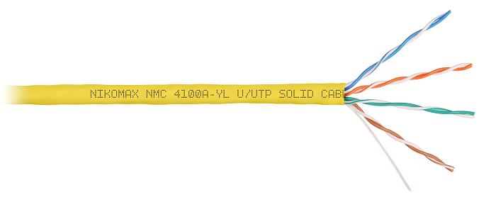 Кабель U/UTP 4 пары, Кат.5e (Класс D), тест по ISO/IEC, 100МГц, одножильный, BC (чистая медь), 24AWG (0,51мм), поливинилхлорид, внутренний, желтый, 305м