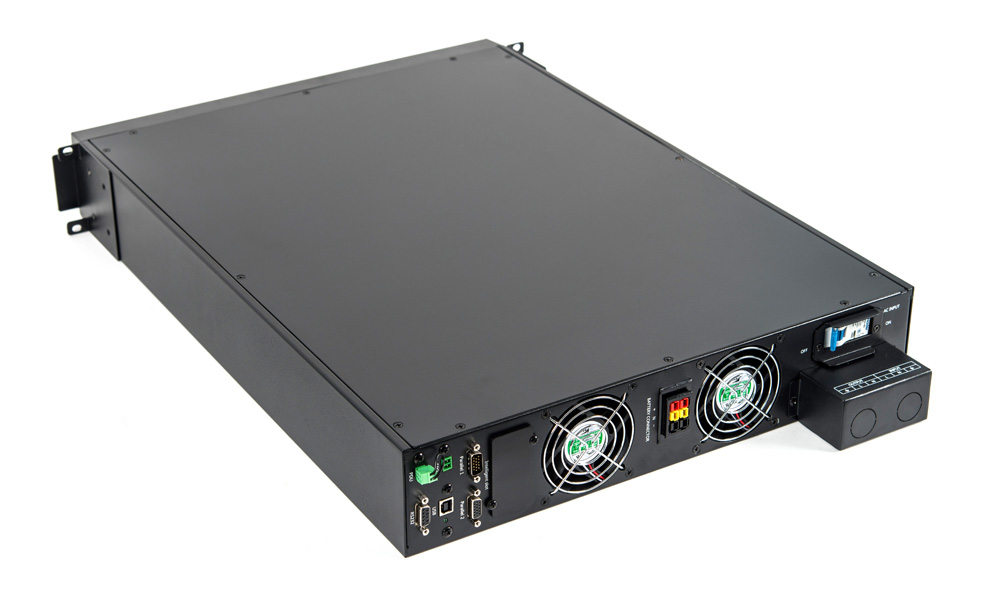 Источник бесперебойного питания 220В, 10 кВА (7 кВт)  On-Line, синусоидальная форма выходного напряжения, длительный резерв, световая и звуковая индикация режимов работы, ЖК дисплей, необходимое кол-во АКБ для работы –16/18/20 шт. - выбирается пользователем, горячая замена АКБ