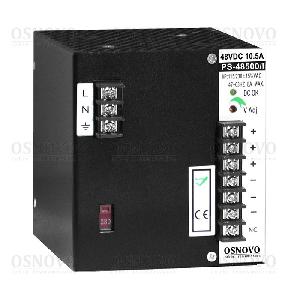Промышленный блок питания. DC48V, 10,5A (500W). Защита от короткого замыкания, перенапряжения и перегрузки. Принудительная система охлаждения (вентилятор). Монтаж на DIN-рейку или стену. 100x110x121мм. -40...+50°C.