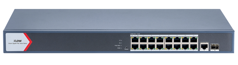 Коммутатор L2, Смарт-управляемый, 16 гигабитных портов RJ45 PoE, 1 uplink порт 1000М RJ45 1 гигабитный порт SFP, 802.3af/at, бюджет PoE 130 Вт, облачное управление, VLAN, STP/RSTP loop prefention, PoE watchdog, поддержка режима передачи до 300м,10Мб/с, CAT6; защита от перенапряжения 6 кВ; крепление в стойку