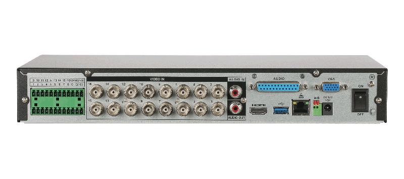 16-канальный HDCVI-видеорегистратор с FR Формат видеосигнала: HDCVI, AHD, TVI, IP, CVBS; отображение: до 5Мп; запись: до 5M-N@10к/с, 1080N@25к/с; кодирование: AI/H.265+, H.265, H.264+, H.264;  IP-каналы: до 24 каналов, до 6Мп; накопители: 1 SATA III до 16Тбайт