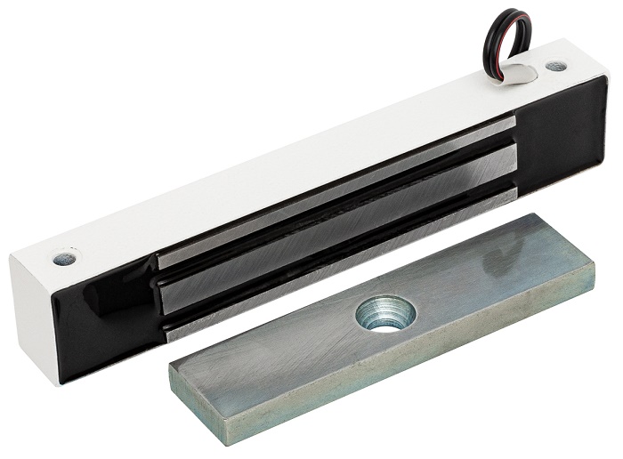 Электромагнитный влагозащищенный замок IP67, 12V DC, 0,4 A, усилие 100 кг, 180x33x23 мм. Масса 600 г, уголок в комплекте. -40°С…+40°С, Цвет белый.