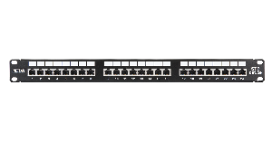 Коммутационная панель 19", 1U, 24 порта, Кат.5e (Класс D), 100МГц, RJ45/8P8C, 110/KRONE, T568A/B, экранированная, черная