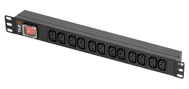 Блок электрических розеток TLK, 19", 12 гнезд C13, макс. нагрузка 10 А, без шнура питания, вход С14 + предохранитель 10 А, металлический корпус, макс. мощность 2500 Вт, 483х45х45 мм