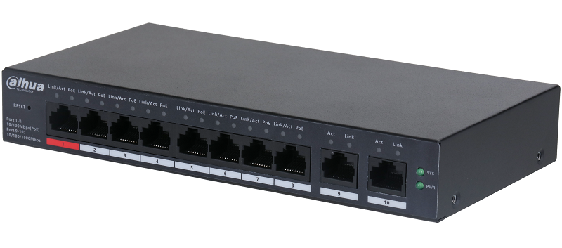 8-портовый PoE коммутатор с функцией облачного управления, Порты: 8 RJ45 10/100Мбит/с (PoE/PoE+/Hi-PoE), 2 RJ45 10/100/1000Мбит/с (uplink); мощность PoE: порт 1 до 90Вт, порты 2~8 до 30Вт, суммарно до 110Вт; PoE watchdog, передача до 250м; питание: 57В(DC)