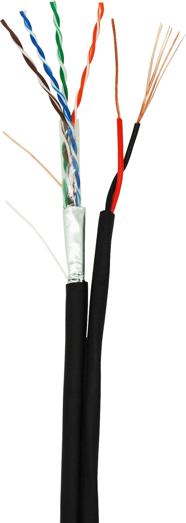 Кабель F/UTP 4 пары, Кат.5e, 100МГц, одножильный, BC, с силовым кабелем 2х0,5 мм2, внешний, PE до -40C, черный, 305м