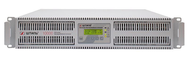 Источник бесперебойного питания в стойку, on-line (с двойным преобразованием), чистая синусоида, 10000 ВA (8000 Вт); U-вх.220 В; под внешние аккумуляторы, U-акб.192 В, I-заряд.1…4 А; ЖК-дисплей; выходные разъёмы - IEC-320-C13 (3 шт.), клеммное подключение (L, N, PE); холодный старт, совместим с генератором; высота 2U; IP20, t-раб.+5...+40°C, 89х483х549 мм