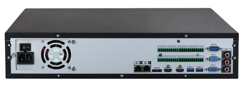 64-канальный IP-видеорегистратор 4K, H.265+ и ИИ, Входящий поток до 384Мбит/с; сжатие: H.265+, H.265, H.264+, H.264, MJPEG; разрешение записи до 32Мп; накопители: 8 SATA III до 16Тбайт; RAID 0/1/5/6/10; воспроизведение: 32кн@1080p, 2кн@32Мп; видеовыходы: 2 HDMI, 2 VGA; cеть: 2 RJ45 1000Мбит/с; aудиовх/вых: 1/2; тревожные вх./вых.: 16/8; питание: 100~240В(AC); видеоаналитика: 2кн детектор лиц и распознавание лиц (12лиц/с), 4кн охрана периметра, IVS, 8кн SMD Plus; видеоаналитика с камер: детектор лиц и распознавание лиц, распознавание номеров ТС, тепловая карта, подсчет людей, интеллектуальный поиск, POS, поддержка тепловизионных (TPC) и мультиматричных камер
