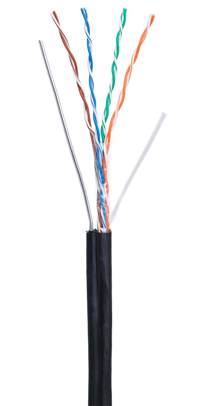 EC-UU004-5E-PE-SW-BK - Кабель U/UTP 4 пары, Кат.5e (Класс D), 100МГц, одножильный, BC (чистая медь), внешний, PE до -40C, с одножильным тросом, черный, 305м Кабель U/UTP 4 пары, Кат.5e (Класс D), 100МГц, одножильный, BC (чистая медь), внешний, PE до -40C, с одножильным тросом, черный, 305м